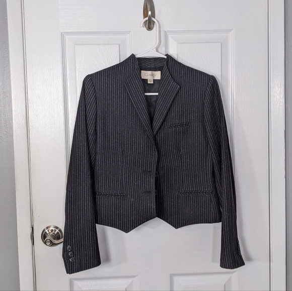 Vintage Cassidy Wool Cropped Pinstripe Grey Knit Blazer Jacket Size 6 - Picture 4 of 7